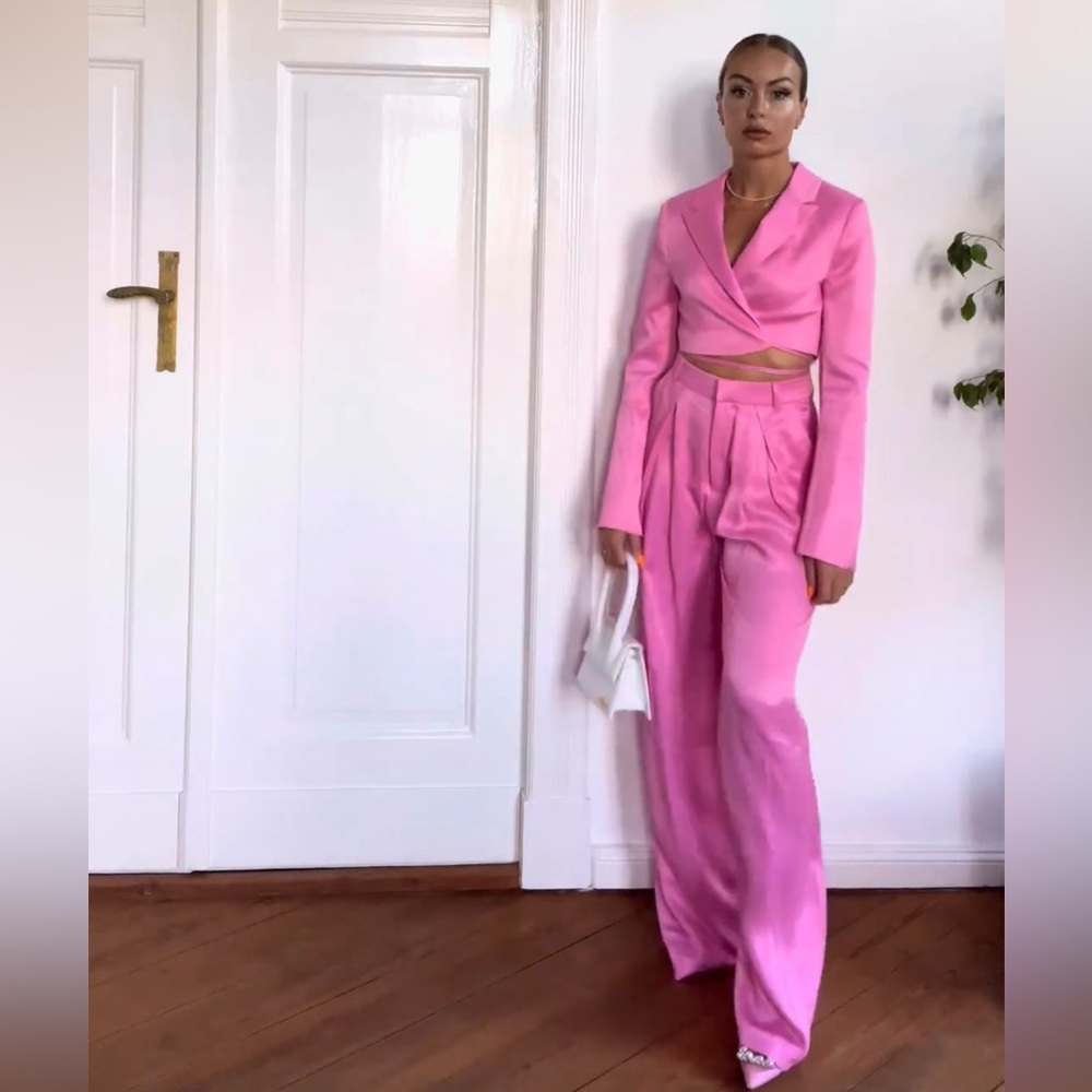 Zara Set - Pink Cropped Satin Effect Blazer & Full Length Pants